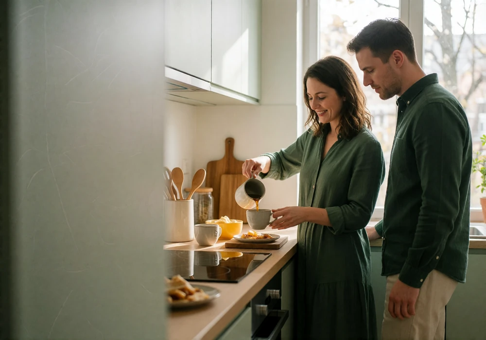 Couple preparing breakfast together in a bright modern kitchen