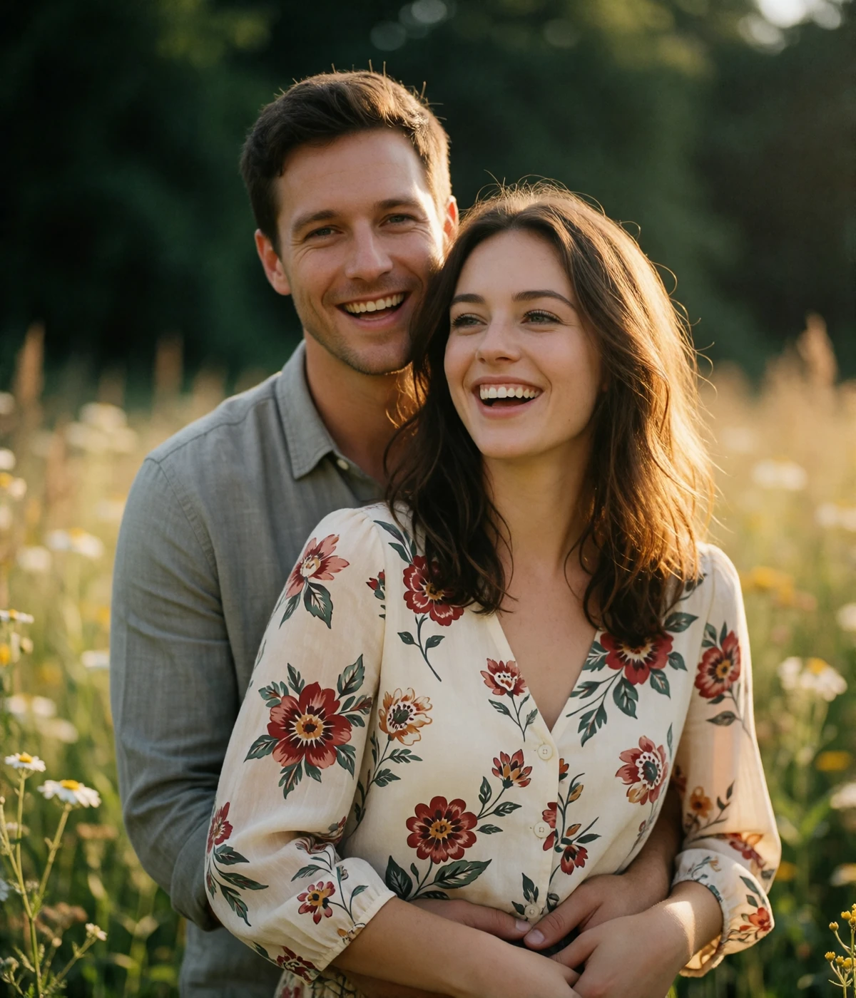 Smiling couple embracing in a sunlit wildflower meadow after meeting through Slavic dating