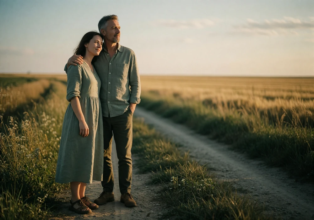 Couple in their forties standing beside a country road in the Hungarian plains
