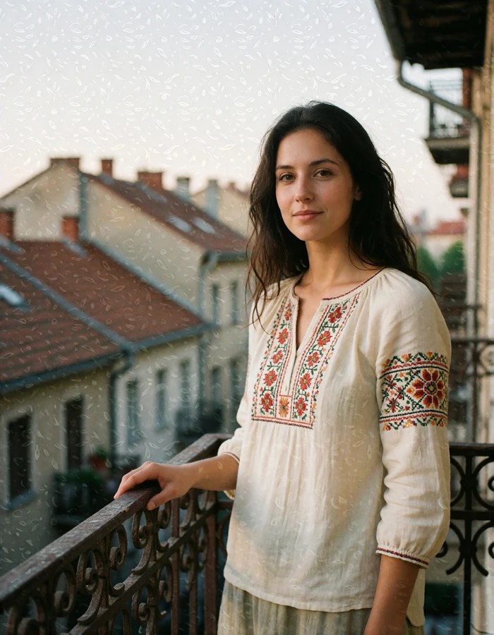 Verified Romanian member with long dark hair on an apartment balcony in a soft terracotta blouse