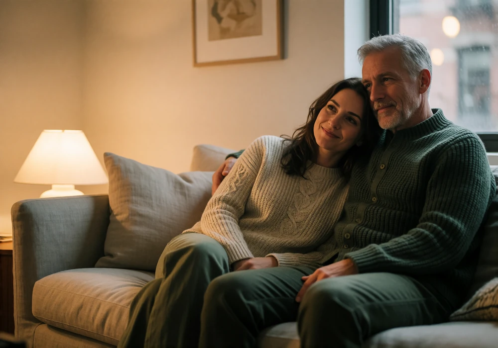 Couple in their fifties sitting close together on a linen sofa in a warm evening living room