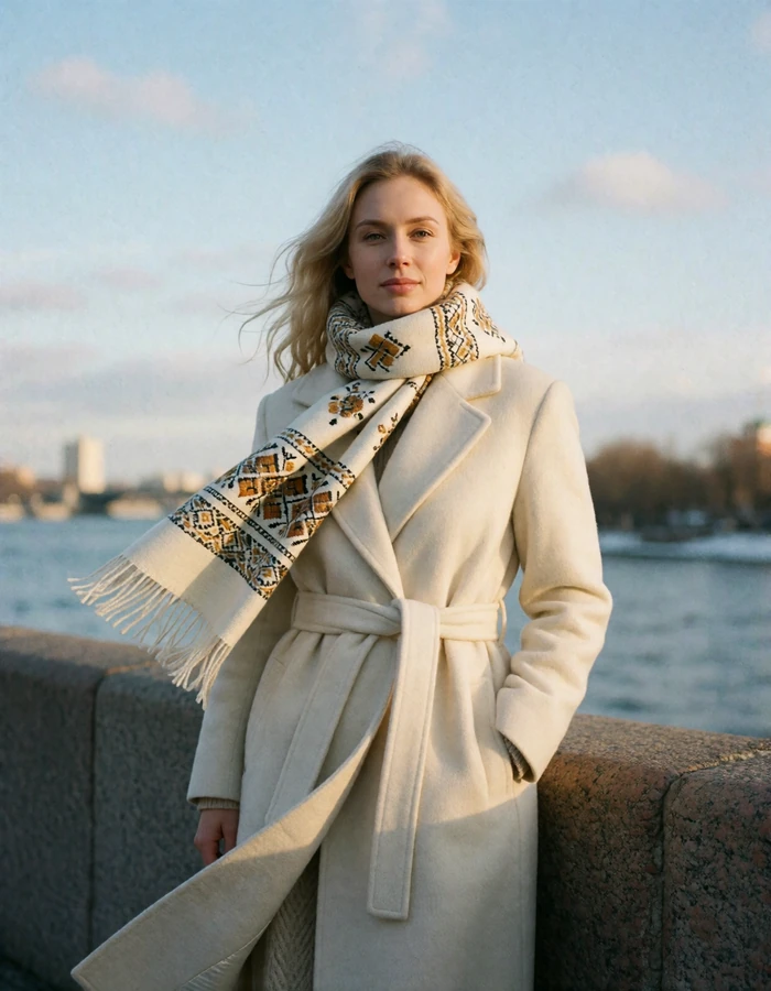 Verified Russian member with blonde hair in an ivory coat standing on a riverside embankment
