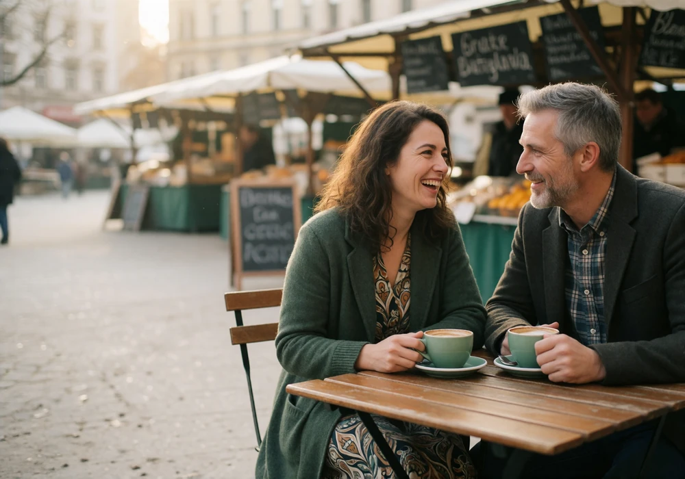 Couple in their forties sharing coffee at an outdoor table beside a Bratislava market square