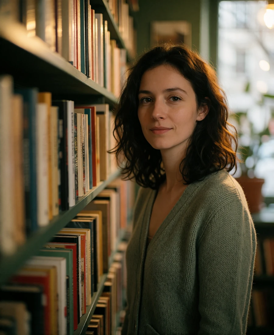 Verified Slovakian member with dark wavy hair in a sage cardigan browsing a warmly lit bookshop aisle