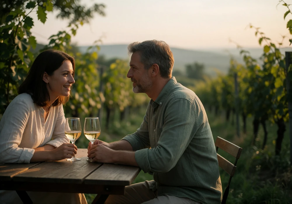 Couple in their forties sharing a quiet moment at a small table beside a Moldovan vineyard