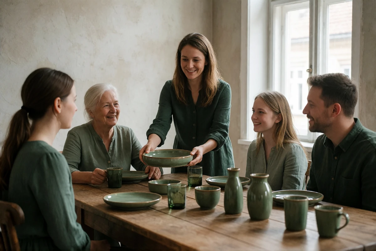 Multi-generational Czech family gathered around a wooden table for a Sunday meal in a bright apartment