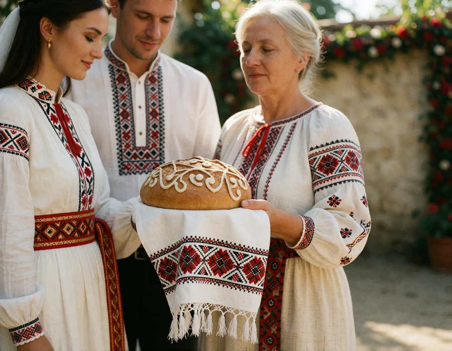 Bride and groom sharing a decorated round loaf during a traditional Bulgarian wedding ritual