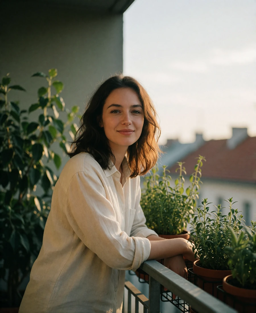 Verified Slovakian member in a cream linen shirt on a sunlit apartment terrace with potted herbs