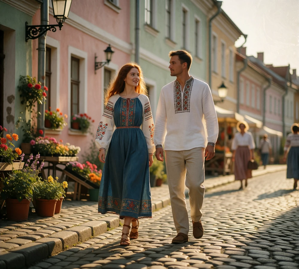 Couple walking along a sunlit cobbled old-town street, showing modern Eastern European city life alongside traditional dress