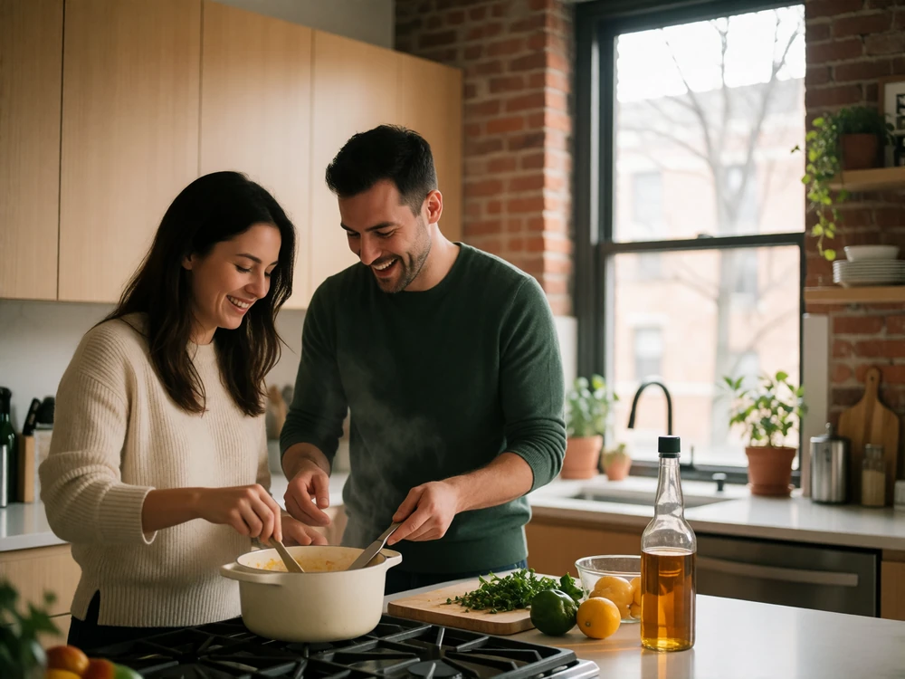Couple cooking together and laughing in a bright modern apartment kitchen
