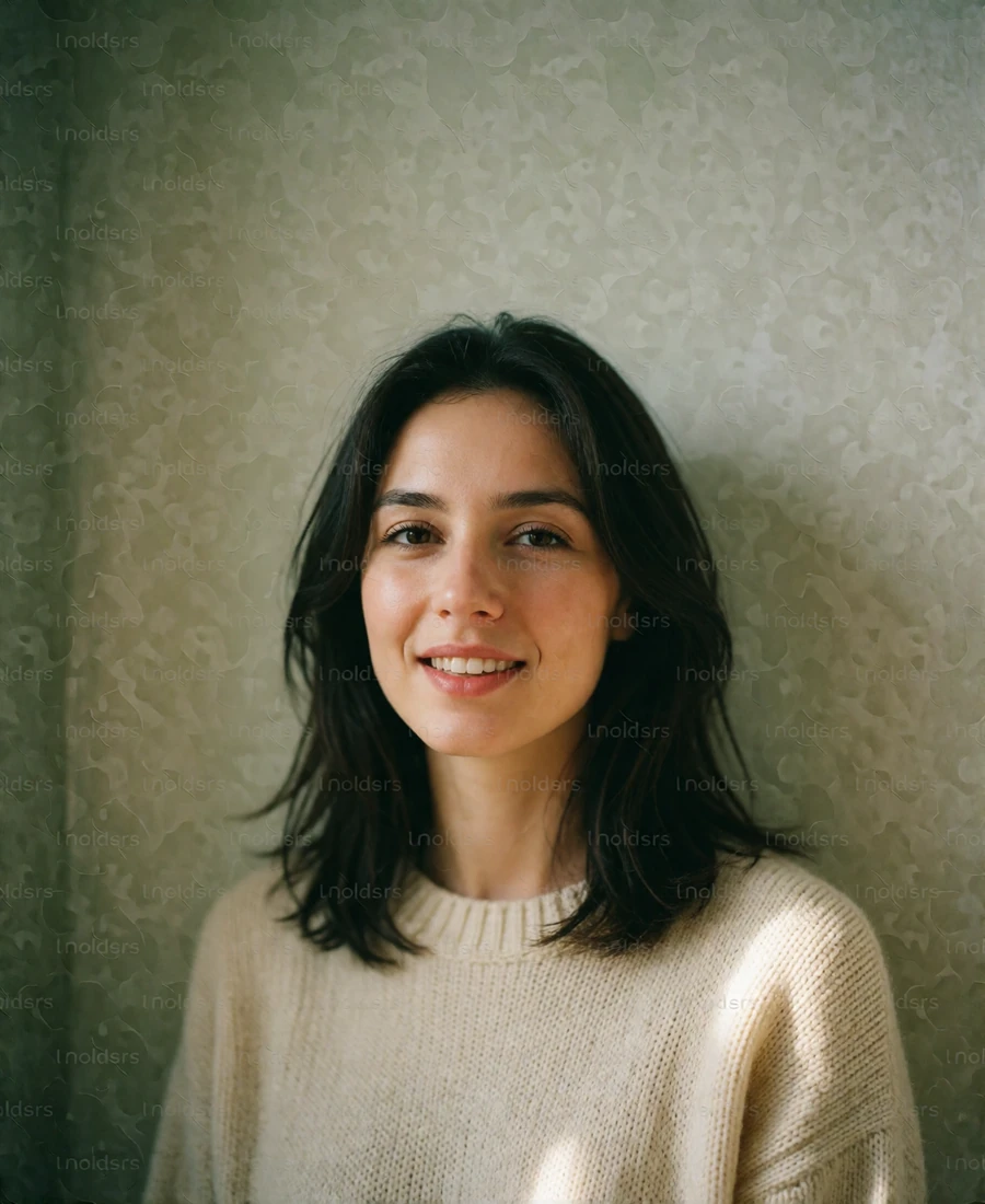 Verified Moldovan member with dark shoulder-length hair in a cream sweater, smiling against a sunlit plaster wall
