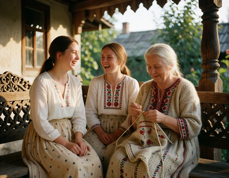 Three generations of a Romanian family laughing together on a carved wooden porch in warm afternoon light