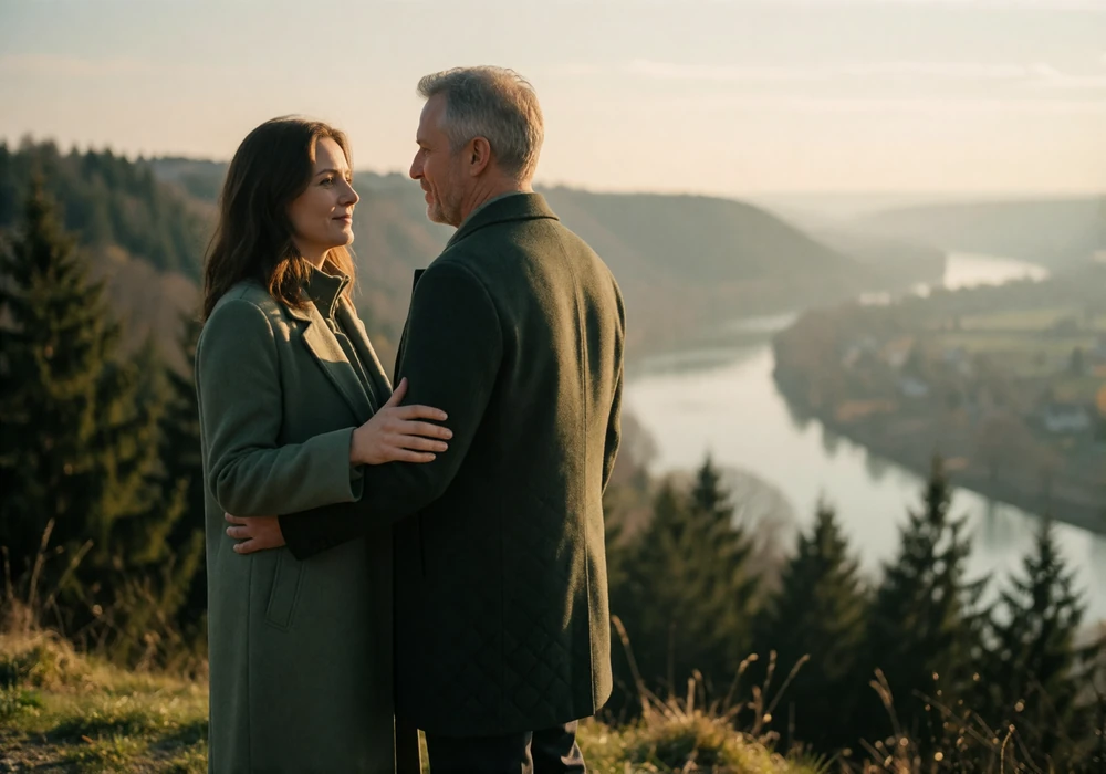Couple in their late forties looking out over a Slovakian river valley from a hilltop viewpoint
