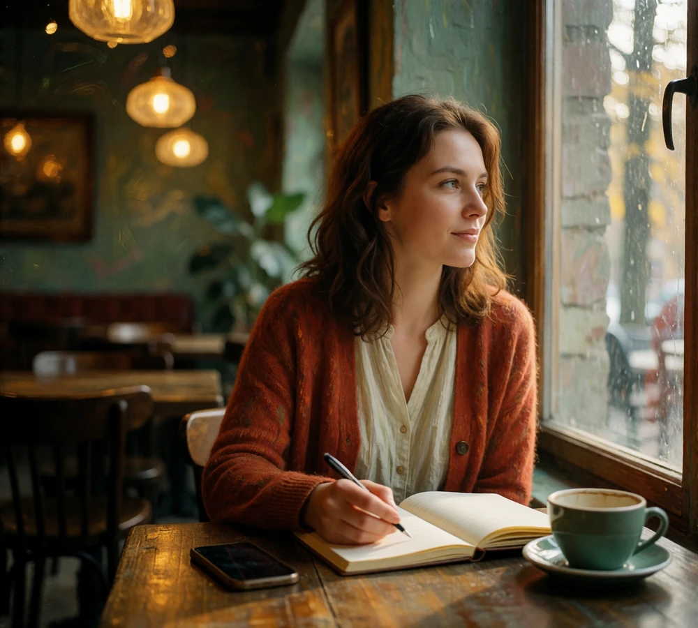 Woman at a café window table with an open notebook, practicing phrases while corresponding with a partner abroad