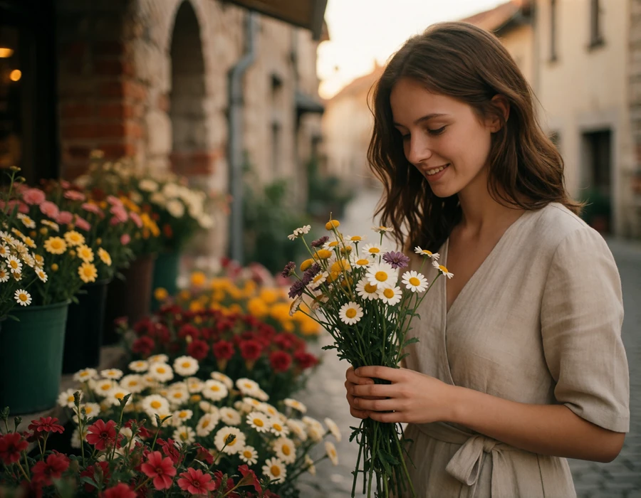 Ukrainian woman choosing wildflowers at an outdoor European flower market