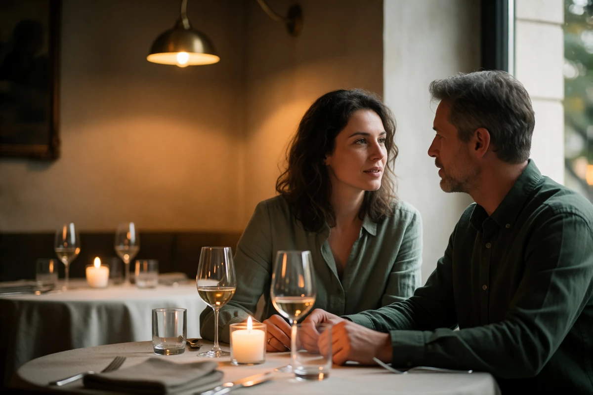 Couple in their forties in conversation at a candlelit table in an upscale Slovakian restaurant