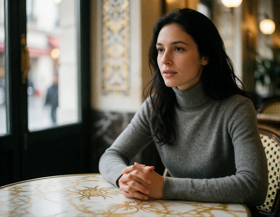 Russian woman in a grey turtleneck in sincere conversation at a marble café table
