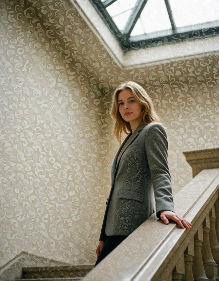 Verified Polish member in a grey blazer standing on a wide interior staircase
