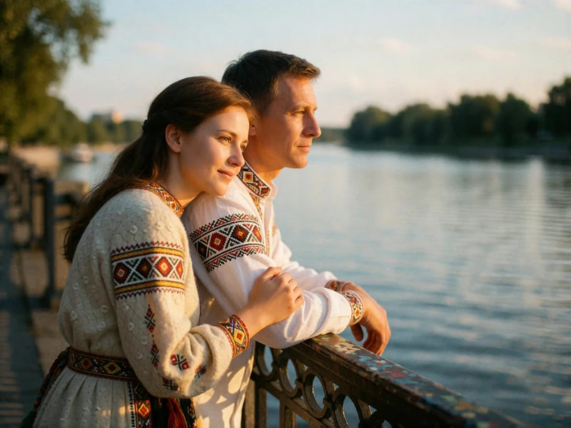 Couple in their forties leaning on a riverside railing at golden hour