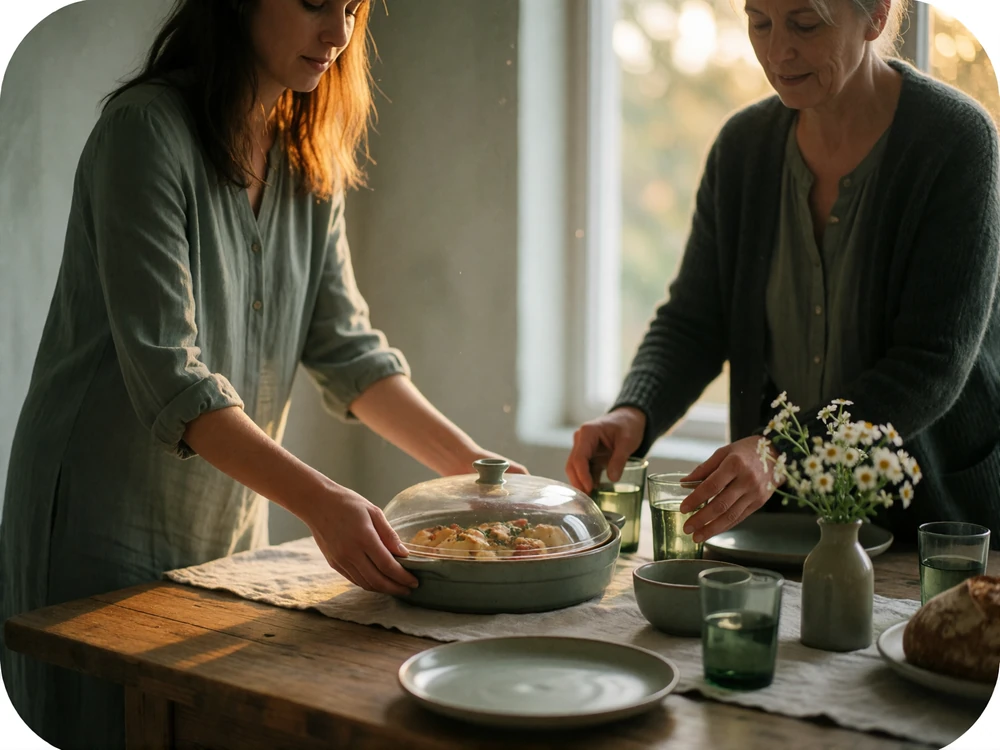 A woman and an older relative setting a home dinner table with bread and flowers, illustrating a family welcome meal during a first visit