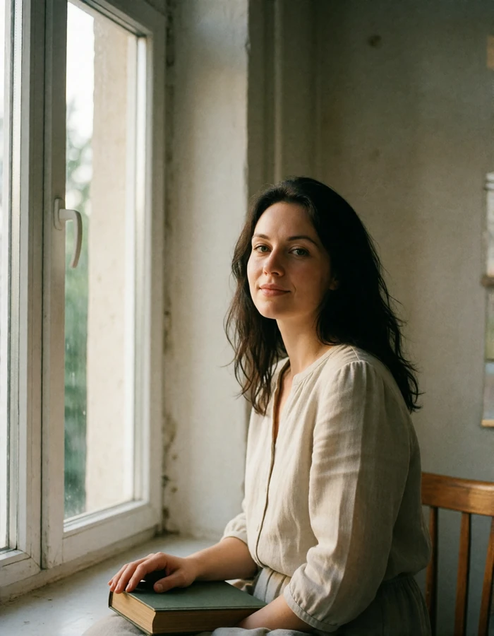 Verified Ukrainian member with dark hair reading by a tall apartment window in a linen blouse