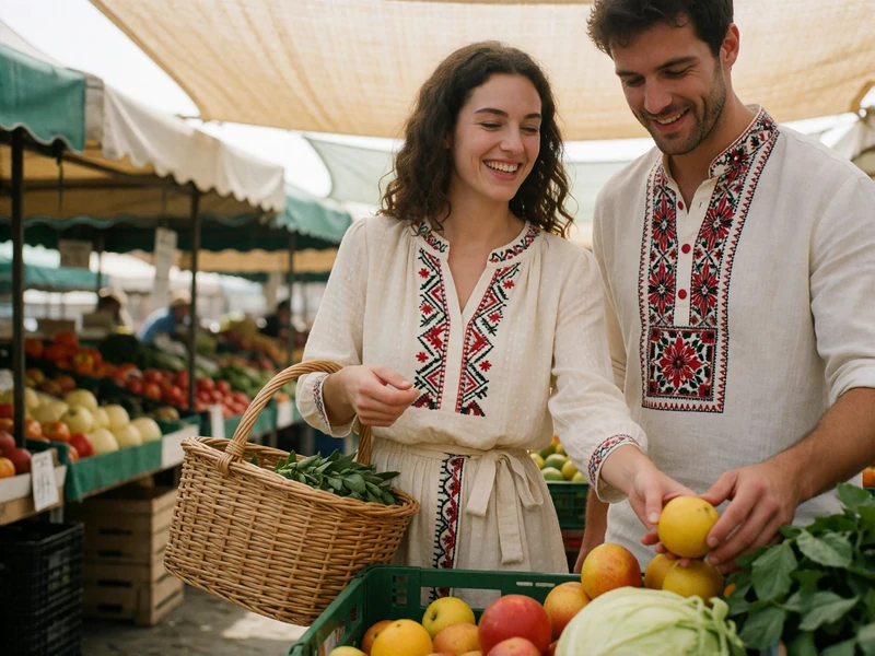 Couple browsing a morning produce market together in Bulgaria