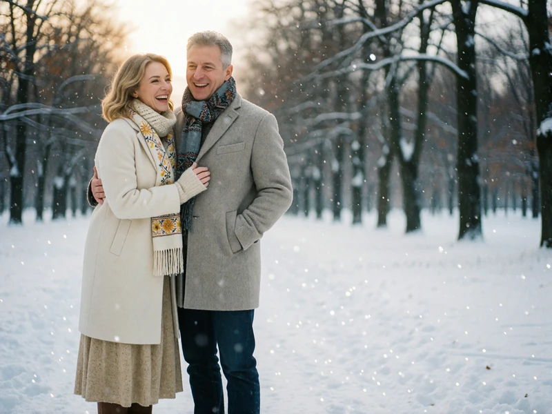 Couple in their late forties laughing together in a snow-covered park