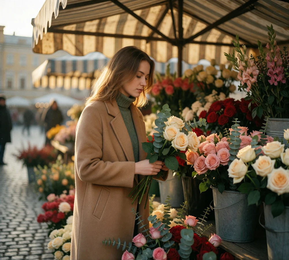 Woman in a camel coat selecting a small bouquet of pale roses at an open-air European flower stall