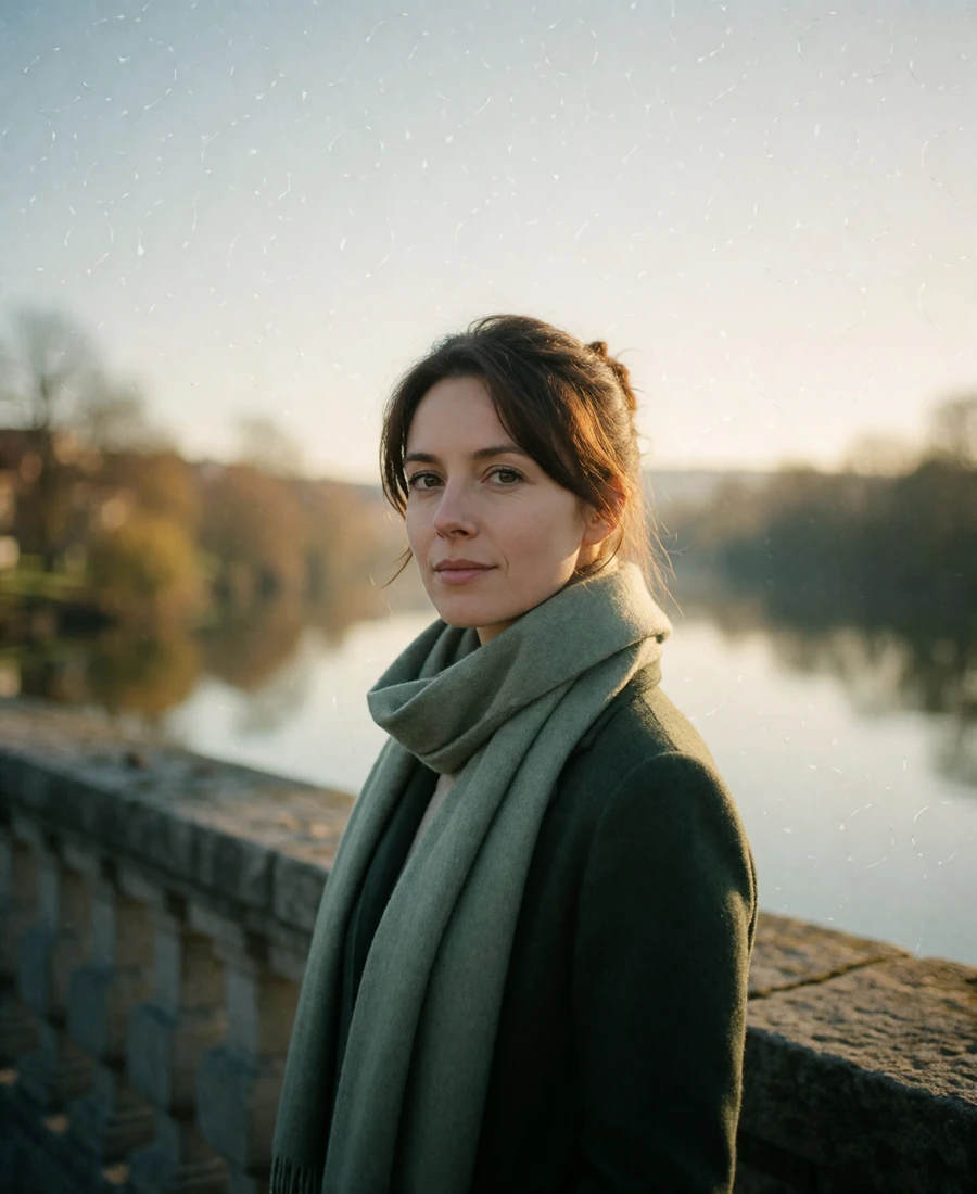 Verified Czech member with a sage wool scarf standing on a quiet stone bridge walkway