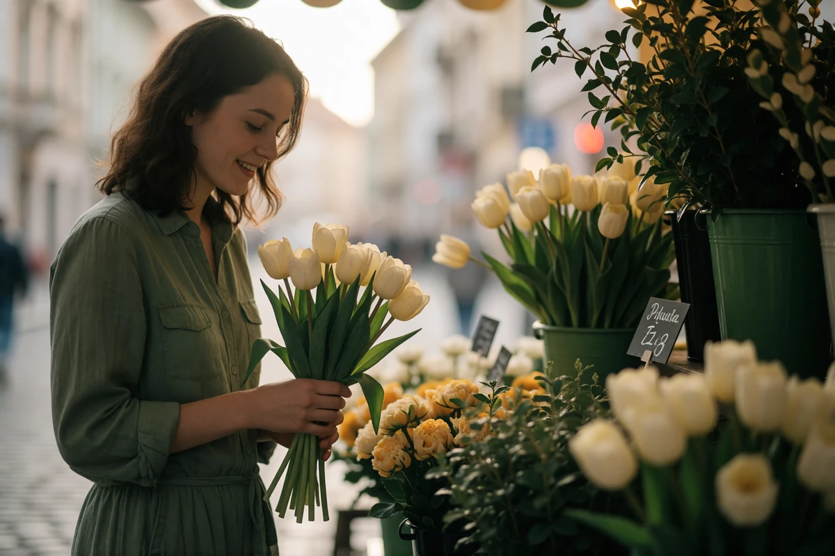 Slovakian woman choosing a small bouquet of pale tulips at an open-air flower stall in Bratislava
