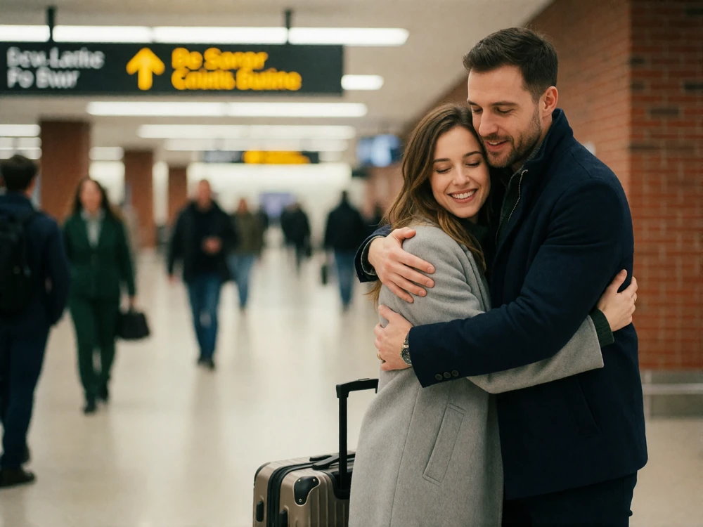 Couple embracing in an airport arrivals hall at the end of a long-distance separation