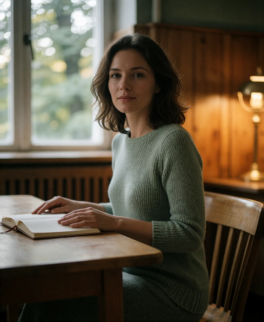 Verified Belarusian member in a sage knit top seated at a reading-room table