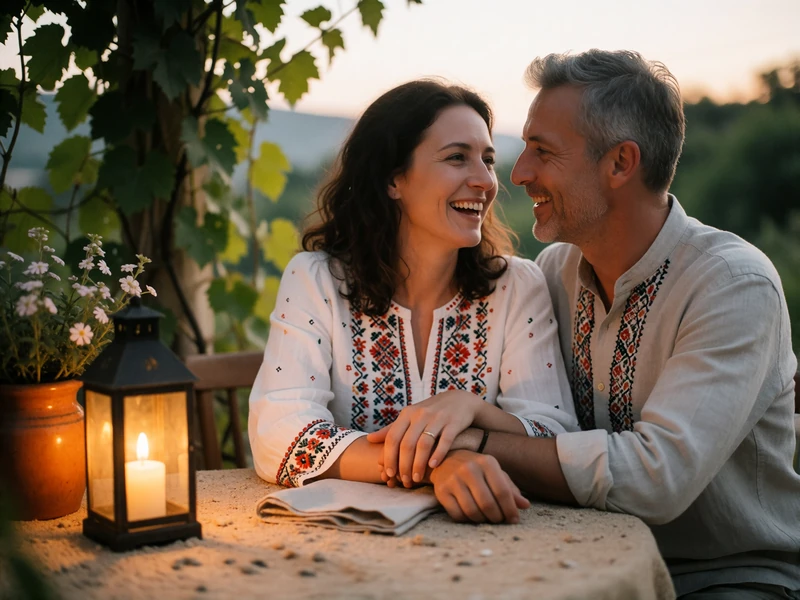 Couple in their forties sharing a small terrace table at dusk with warm lantern light
