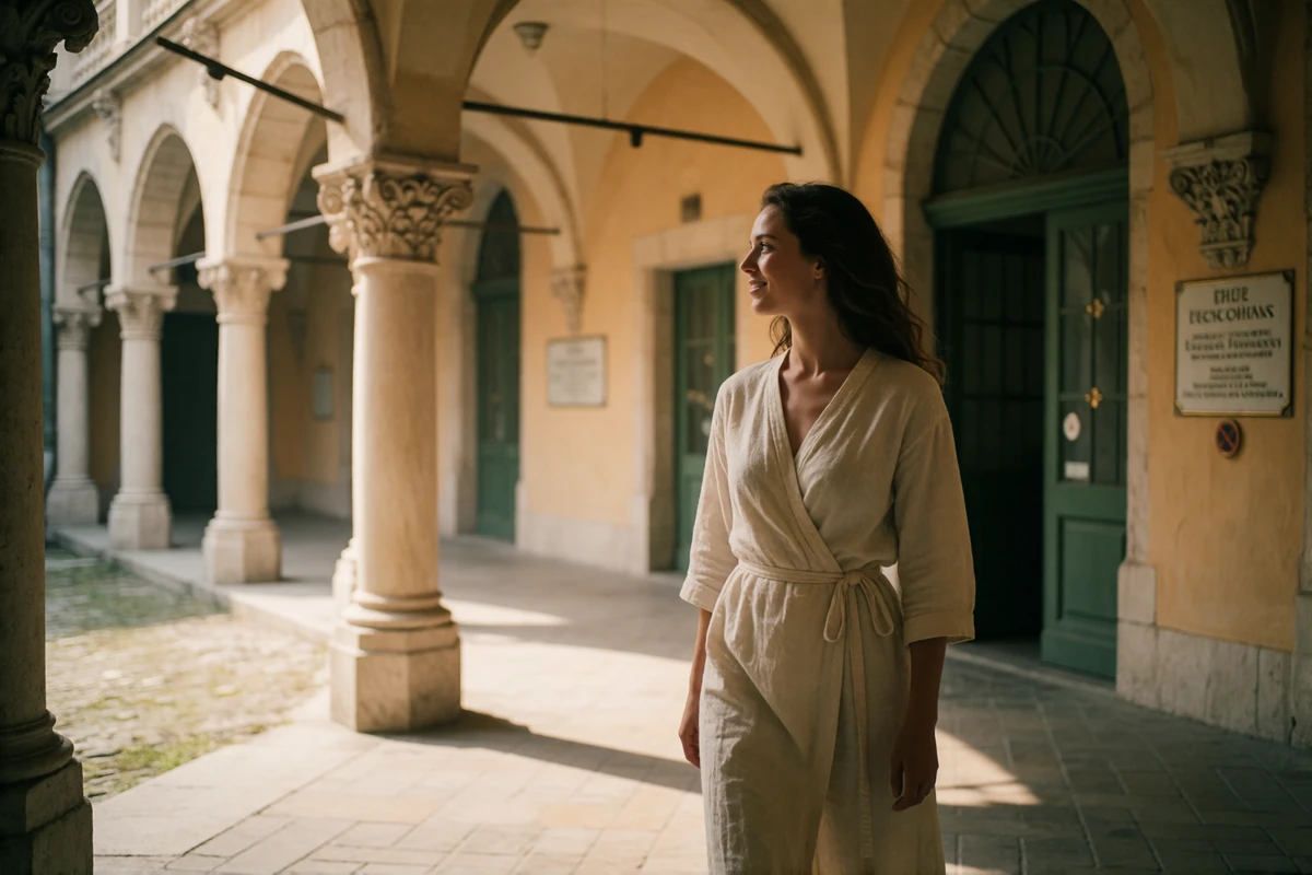 Hungarian woman in an ivory wrap walking through the arcaded courtyard of a historic Budapest bath building