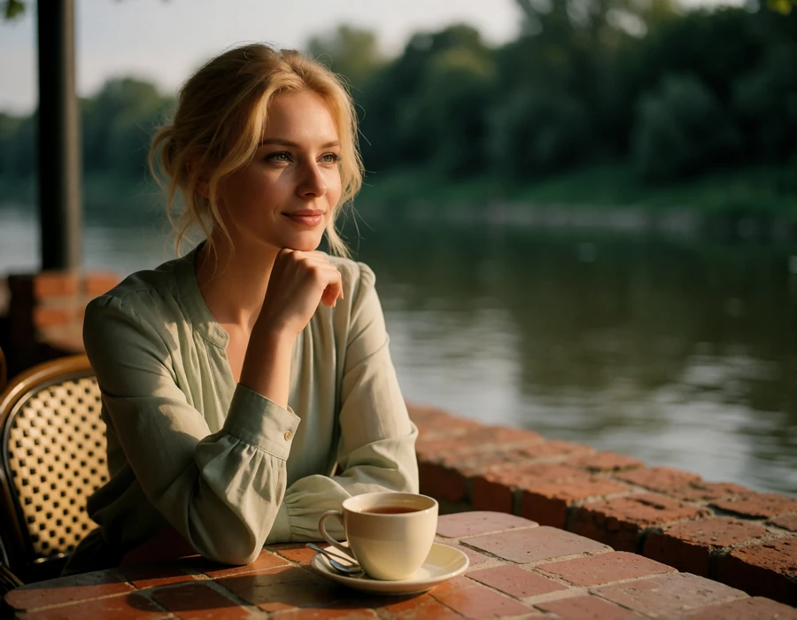 Slavic woman with a cup of tea on a riverside terrace cafe looking toward the water