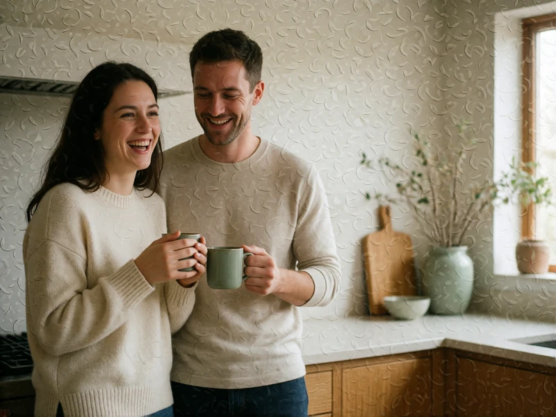Couple laughing together in a bright modern kitchen while sharing morning coffee