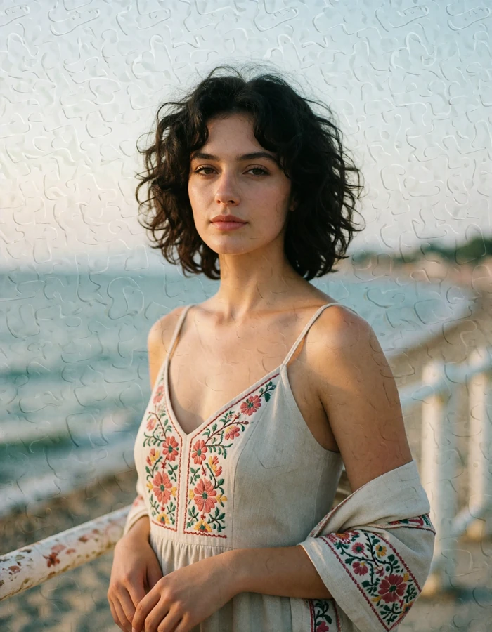 Verified Bulgarian member with dark curls in a linen sundress on a seaside promenade