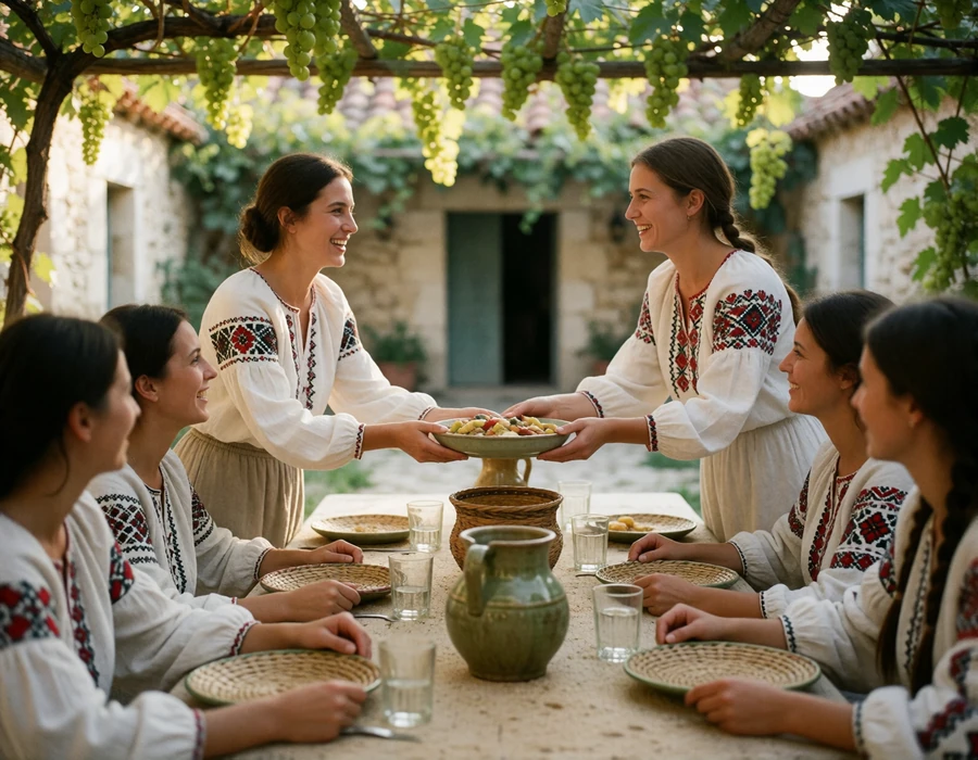 Neighbors laughing around a long outdoor table at a village gathering in Bulgaria
