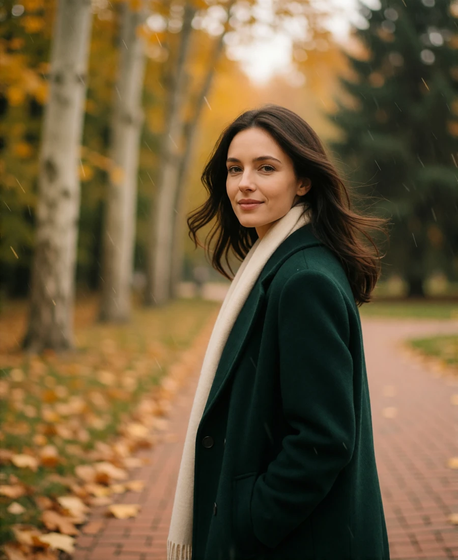 Verified Slavic woman in a green wool coat walking through an autumn park and smiling