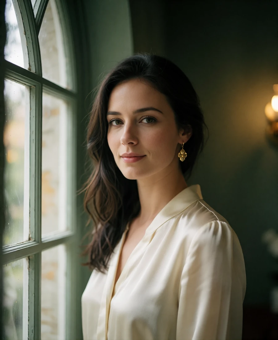 Verified Hungarian member with dark hair and small gold earrings standing near a tall arched window