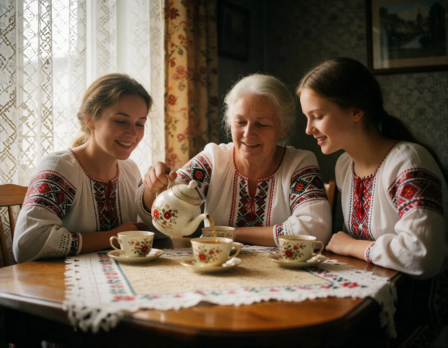 Three generations of a Russian family gathered around a tea table, a woman pouring tea for an older relative