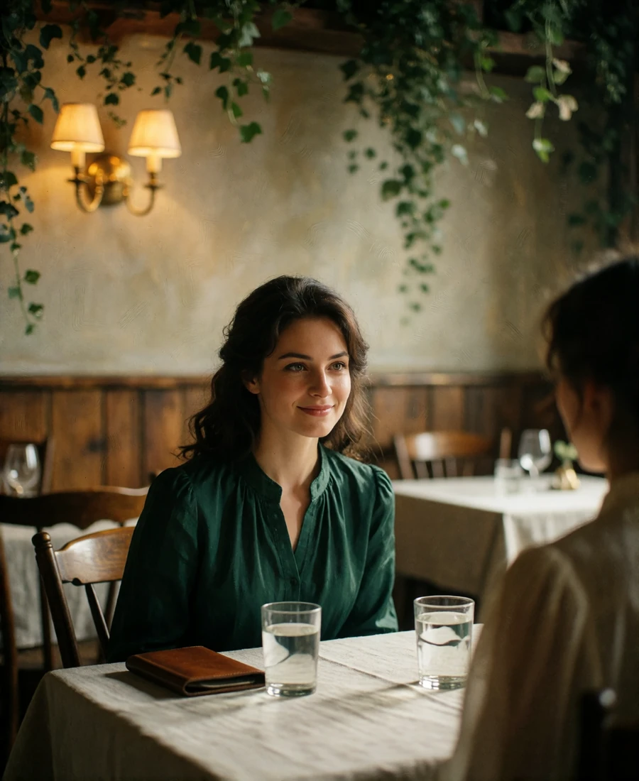 Woman smiling across a candlelit restaurant table while her companion attends to the bill, illustrating who pays on a Slavic first date