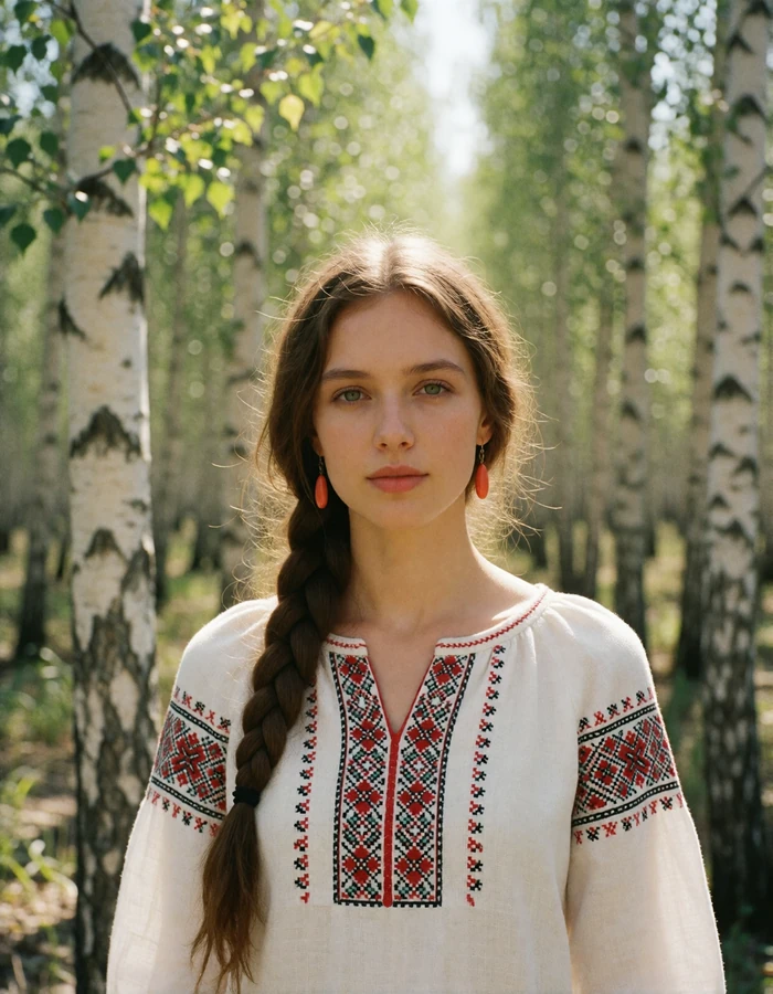Verified Ukrainian member with a long chestnut braid in a white embroidered blouse standing in a sunlit birch grove