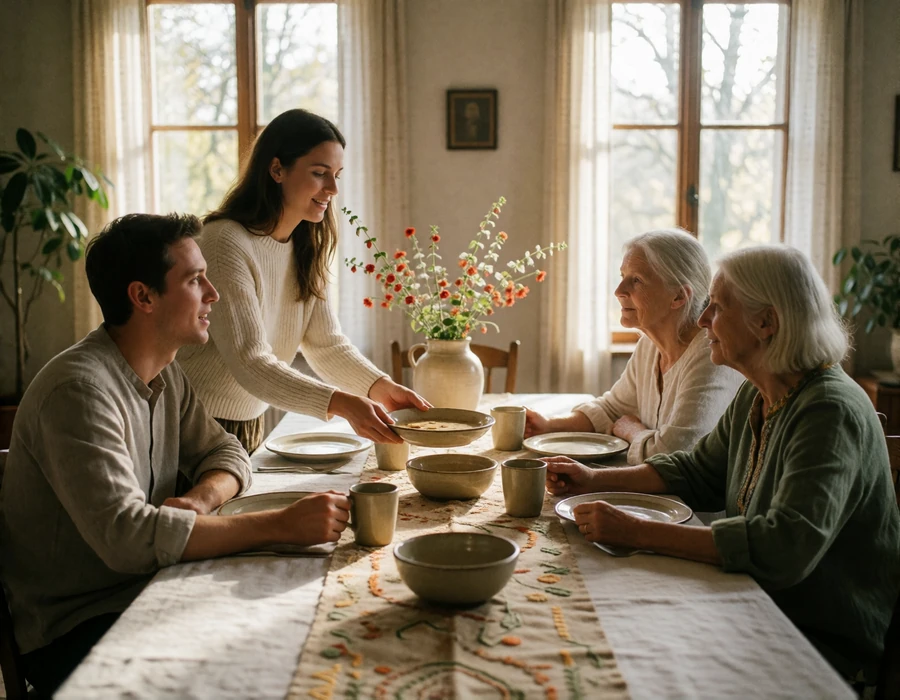 Family of four at a long dining table sharing a Sunday lunch, a woman in a cream sweater passing a dish