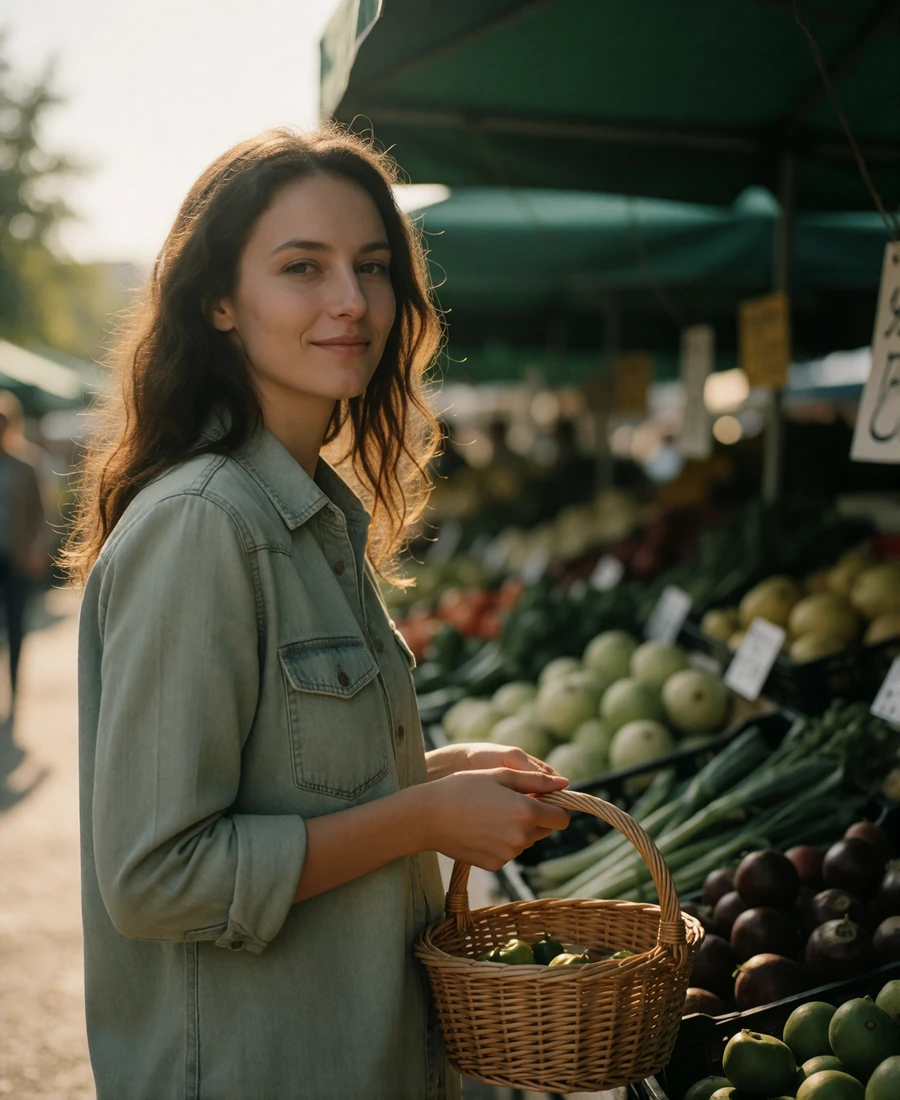 Verified Moldovan member in a light denim shirt holding a woven basket near a produce market aisle