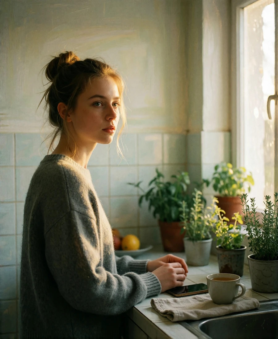 Woman standing at a kitchen counter looking away from her phone lying face-down, illustrating a stalled chat with a Slavic woman