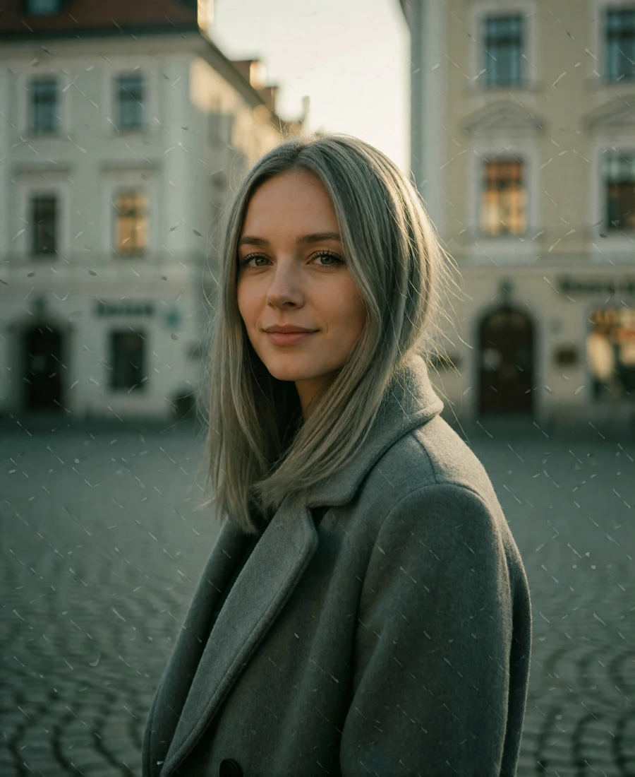 Verified Slovakian member with ash-blonde hair in a grey wool coat standing on a quiet cobbled square
