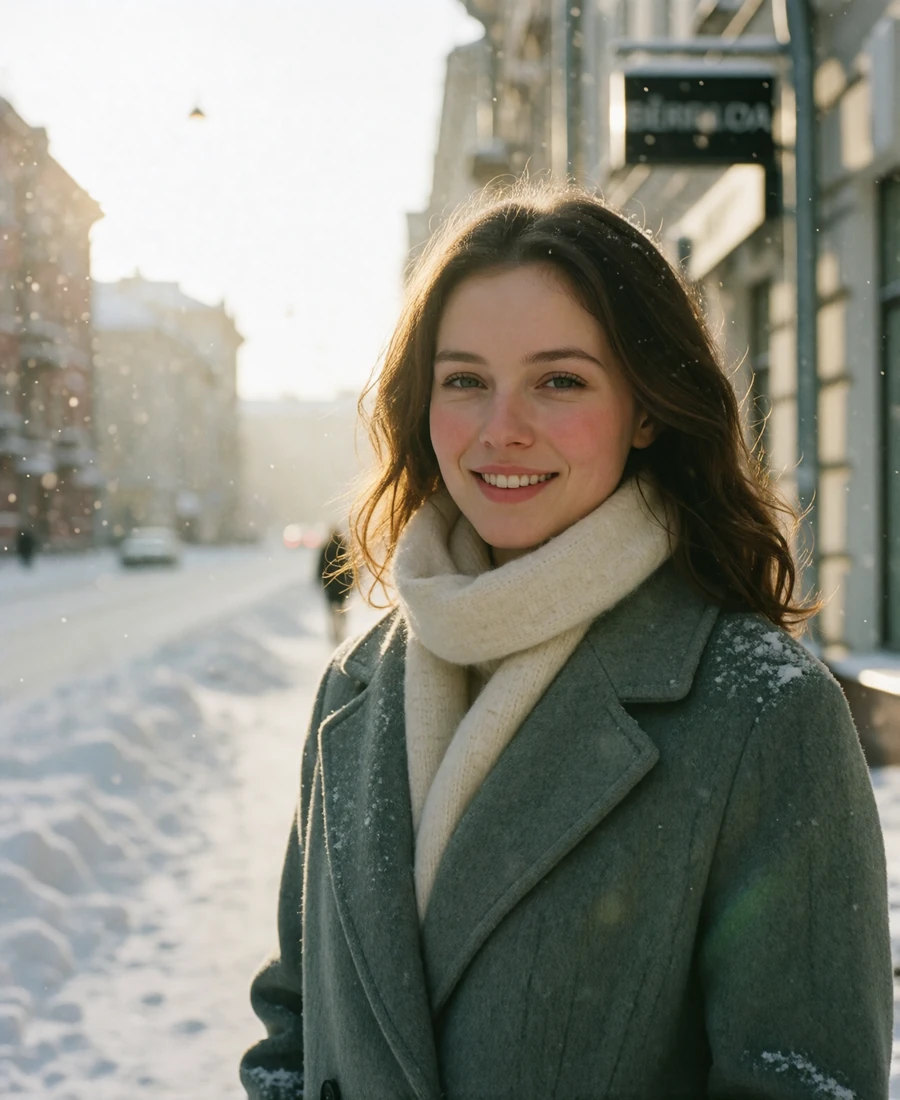 Verified Belarusian member in a grey wool coat and cream scarf on a snowy Minsk avenue