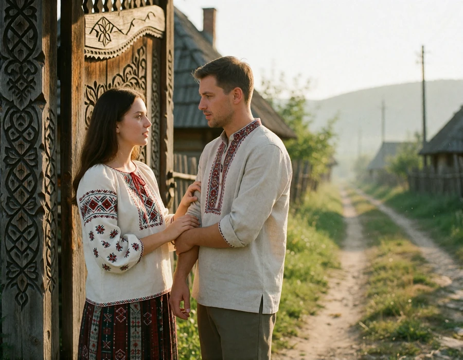 Couple standing together at a carved wooden village gate in Romania during a quiet golden-hour conversation