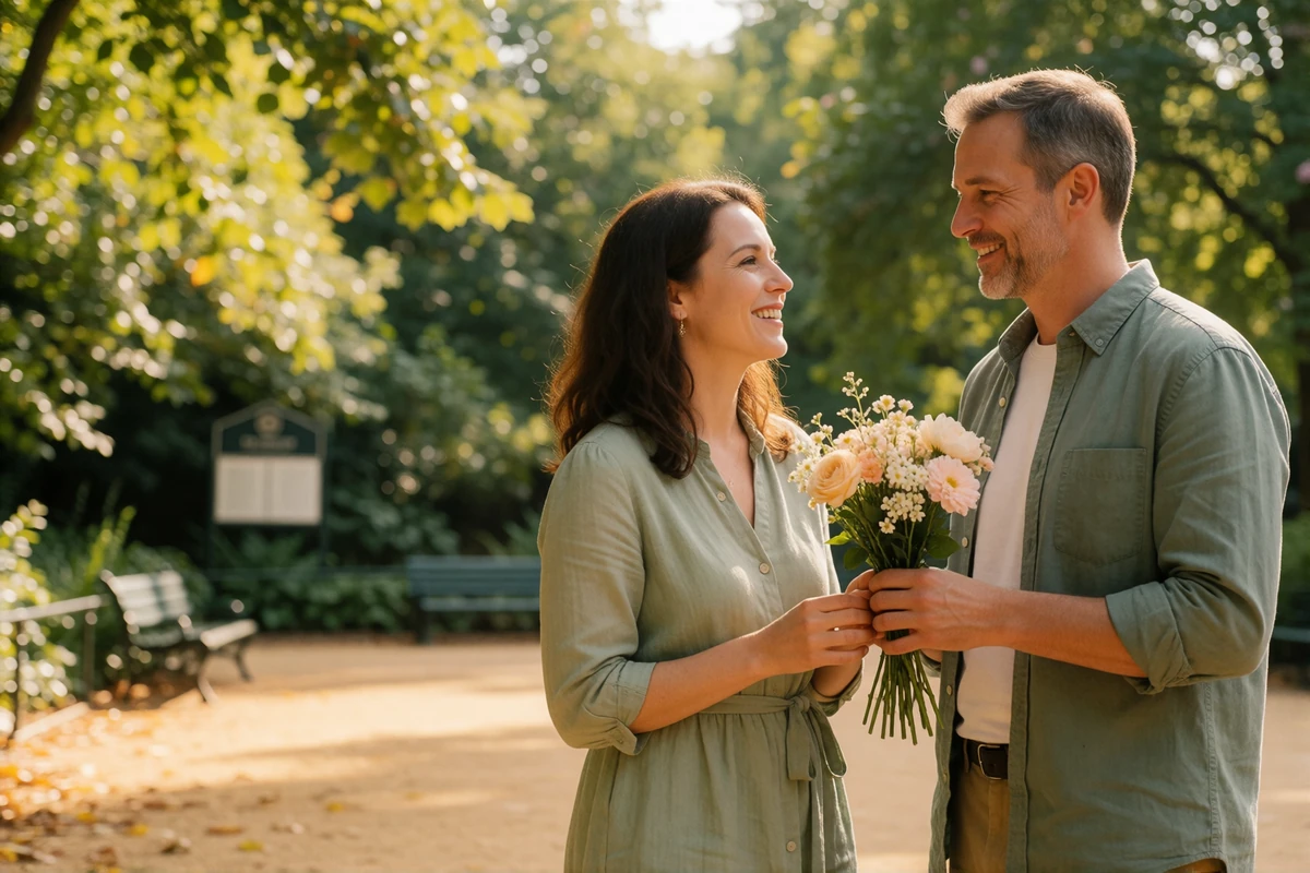 Couple meeting outdoors in a sunlit park, man offering flowers to a smiling woman after connecting through Slavic dating